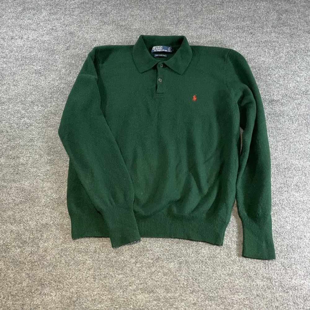 Polo Ralph Lauren Mens Green 100% Lambswool Long Sleeve Polo Sweater Large L